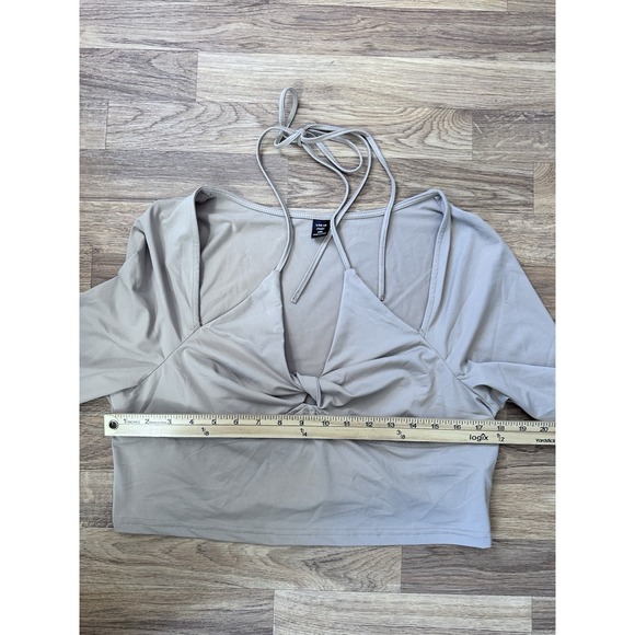 Shein Womens Halter Long Sleeve Top Sz 2x Beige Y2K Cropped Indie Boho Festival - Picture 4 of 5